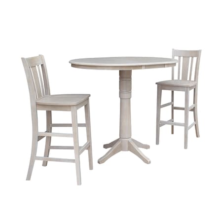 International Concepts Round 36 in Rd Extend Dining Table 40.9 inH, 2 San Remo Bar Ht Stools, Gray Taupe, 36 in W, 48 in L K09-36RXT-27B-S103-2